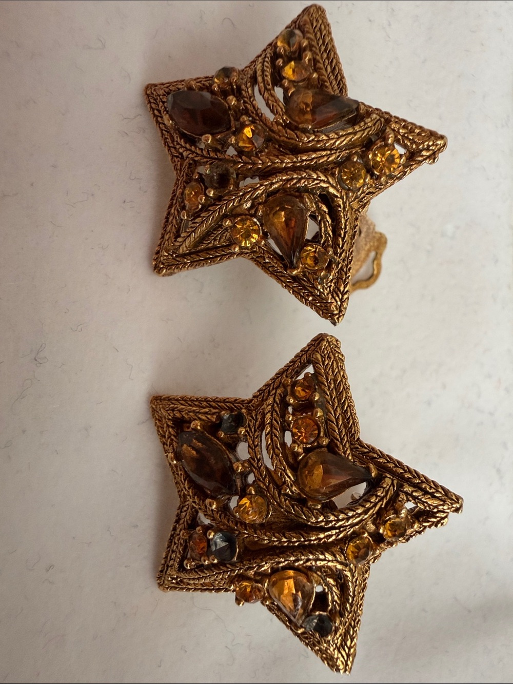 Vintage Star Earrings - Brown Amber Gold Tones w/ Rope Detail - Midcentury